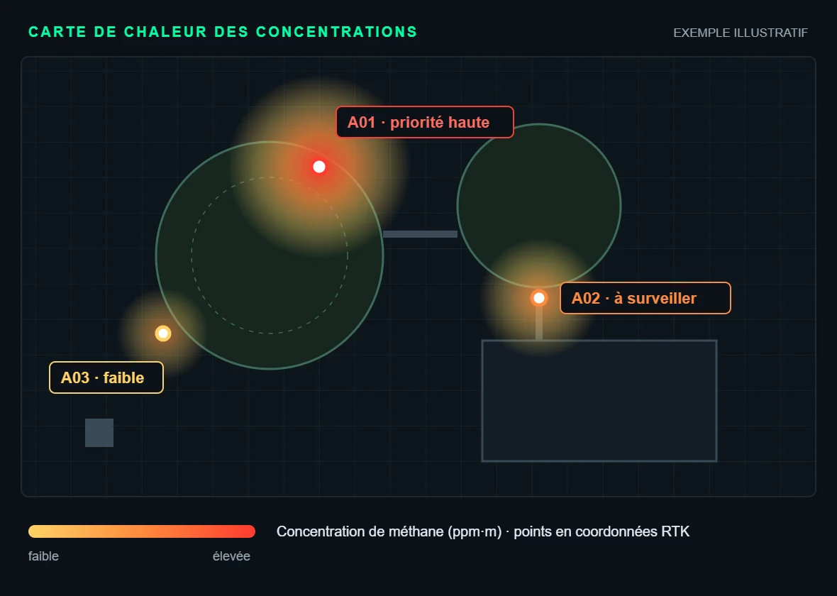 Exemple illustratif de carte de chaleur des concentrations de méthane avec fuites classées