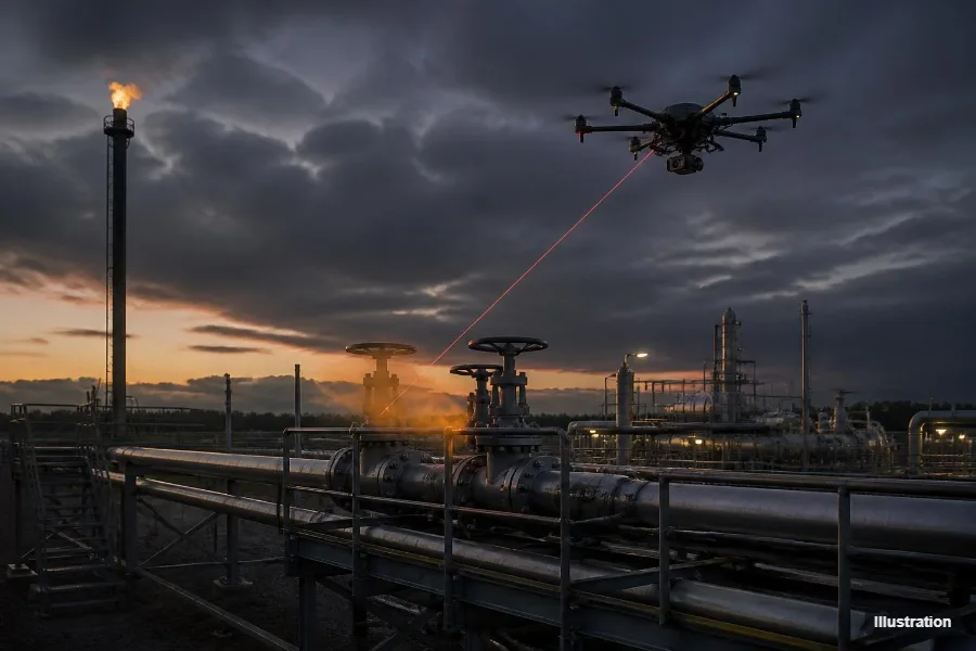 Illustration : détection de fuites de méthane sur une installation gaz industrielle par drone